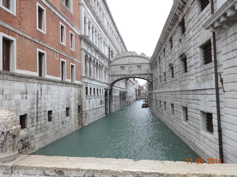 Bridge of Sighs in Venice. It is the bridge between Doges Palace, where people would be convicted of a crime, and the prison. As prisoners passed from the palace to the prison, they would look out the windows and sigh.